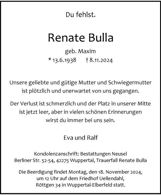 Traueranzeige von Renate Bulla von trauer.wuppertaler-rundschau.de