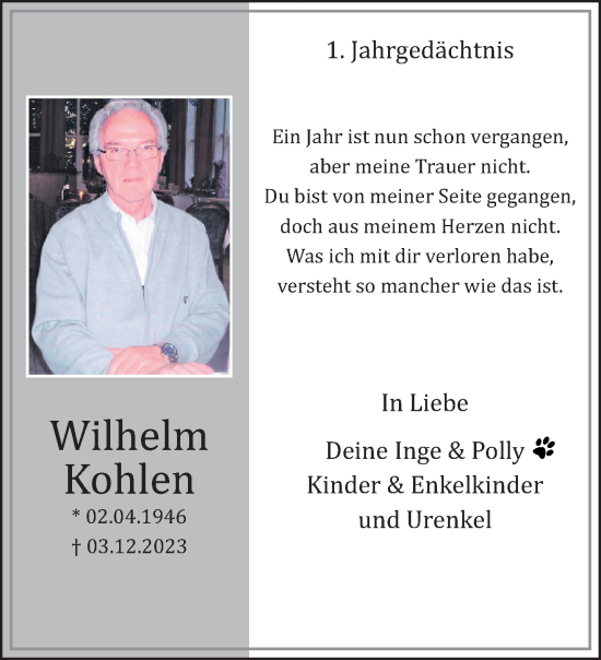 Traueranzeige von Wilhelm Kohlen von trauer.extra-tipp-moenchengladbach.de