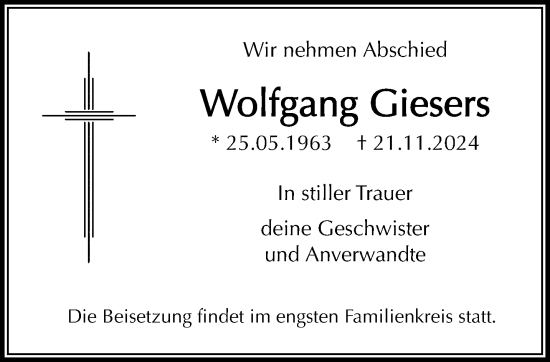 Traueranzeige von Wolfgang Giesers von trauer.extra-tipp-moenchengladbach.de