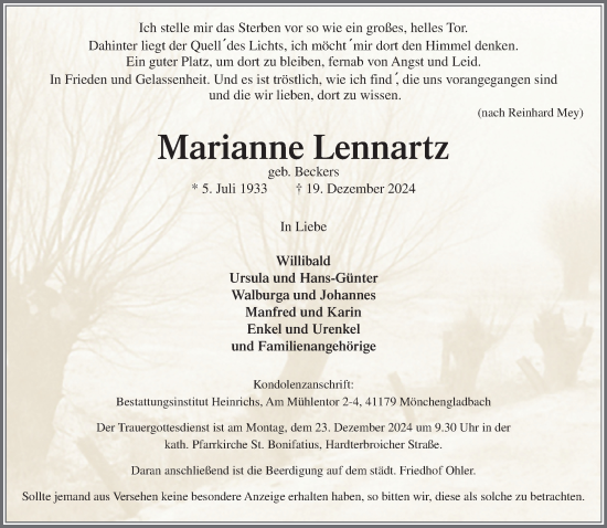 Traueranzeige von Marianne Lennartz von trauer.extra-tipp-moenchengladbach.de