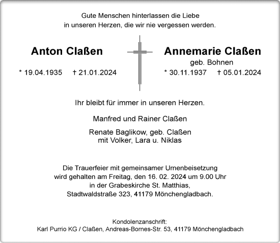 Traueranzeige von Anton und Annemarie  von trauer.extra-tipp-moenchengladbach.de