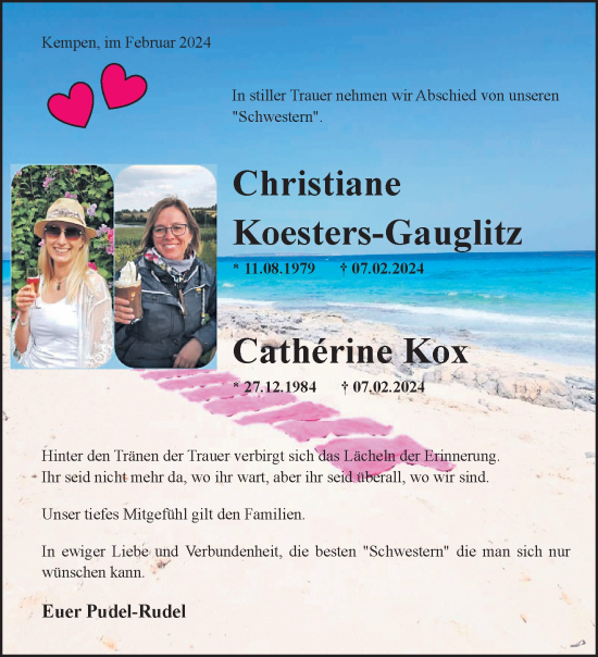 Traueranzeige von Christiane und Catherine Koesters-Gauglitz und Kox von trauer.extra-tipp-moenchengladbach.de