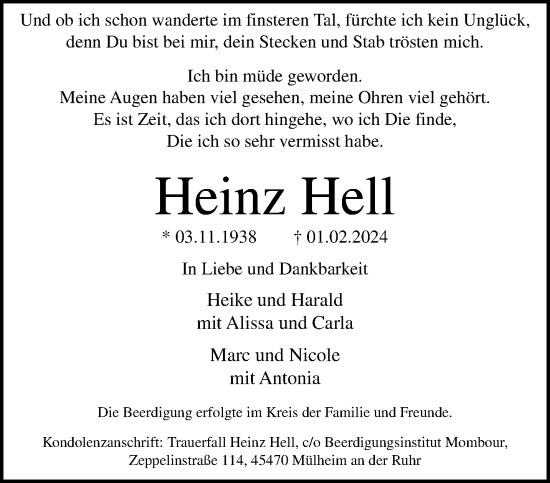 Traueranzeige von Heinz Hell von trauer.extra-tipp-moenchengladbach.de