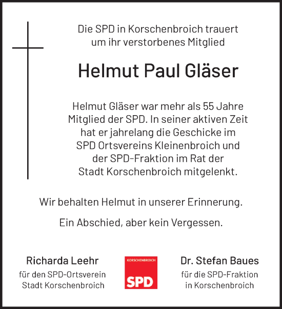 Traueranzeige von Helmut Paul Gläser von trauer.extra-tipp-moenchengladbach.de