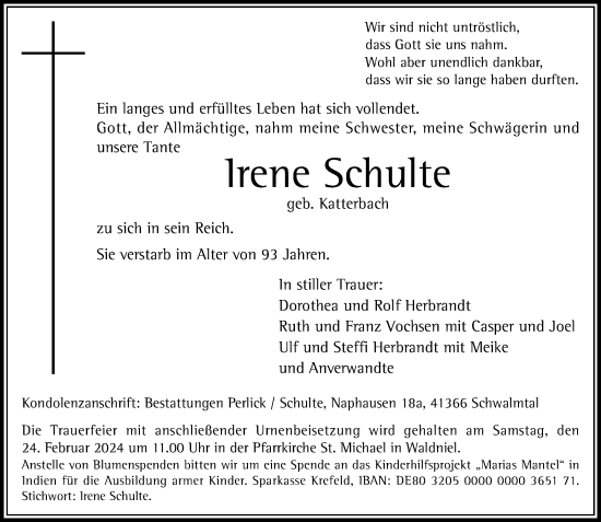 Traueranzeige von Irene Schulte von trauer.extra-tipp-moenchengladbach.de
