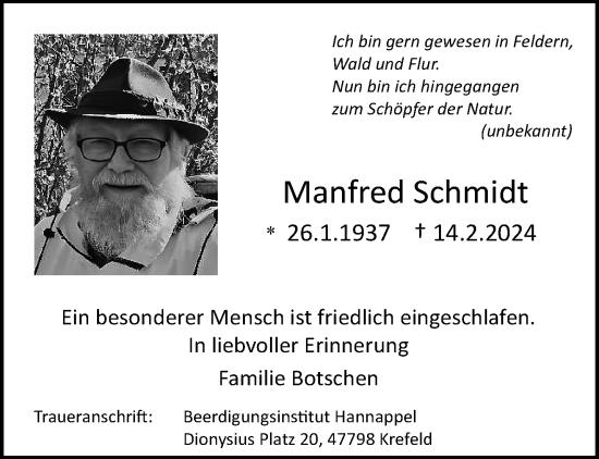 Traueranzeige von Manfred Schmidt von trauer.extra-tipp-moenchengladbach.de
