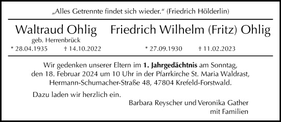 Traueranzeige von Waltraud Ohlig von trauer.extra-tipp-moenchengladbach.de