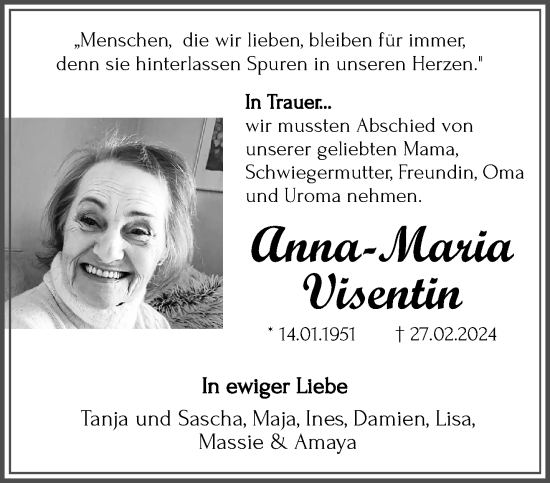 Traueranzeige von Anna-Maria Visentin von trauer.extra-tipp-moenchengladbach.de