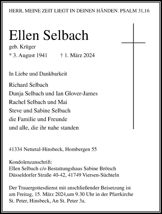 Traueranzeige von Ellen Selbach von trauer.extra-tipp-moenchengladbach.de