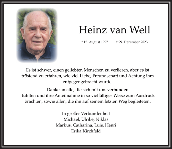 Traueranzeige von Heinz van Well von trauer.extra-tipp-moenchengladbach.de