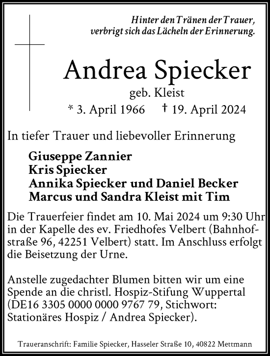 Traueranzeige von Andrea Spiecker von trauer.duesseldorfer-anzeiger.de
