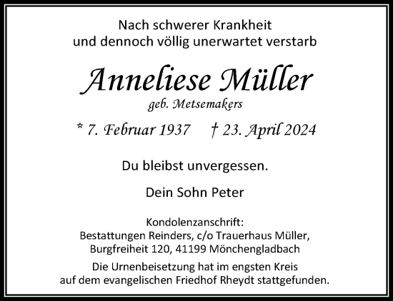 Traueranzeige von Anneliese Müller von trauer.extra-tipp-moenchengladbach.de