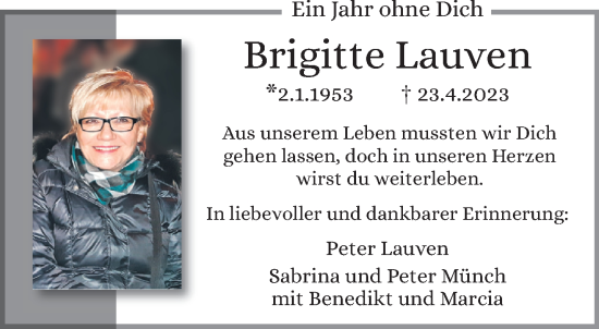Traueranzeige von Brigitte Lauven von trauer.extra-tipp-moenchengladbach.de