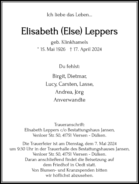 Traueranzeige von Elisabeth  Leppers von trauer.extra-tipp-moenchengladbach.de