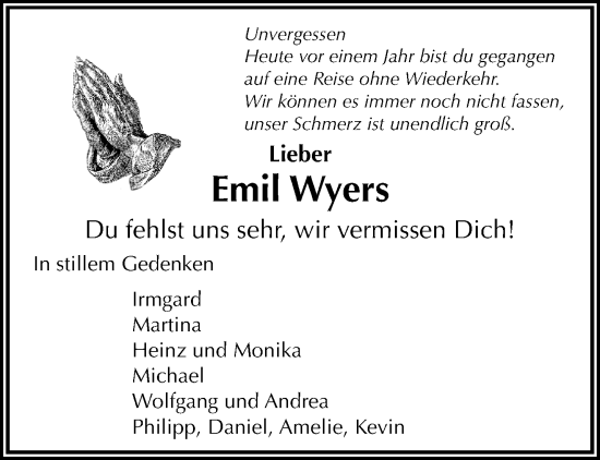 Traueranzeige von Emil Wyers von trauer.extra-tipp-moenchengladbach.de
