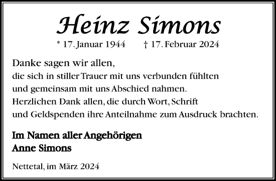 Traueranzeige von Heinz Simons von trauer.extra-tipp-moenchengladbach.de