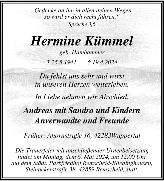 Traueranzeige von Hermine Kümmel von trauer.wuppertaler-rundschau.de