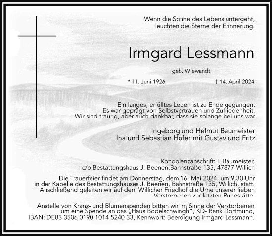 Traueranzeige von Irmgard Lessmann von trauer.extra-tipp-moenchengladbach.de