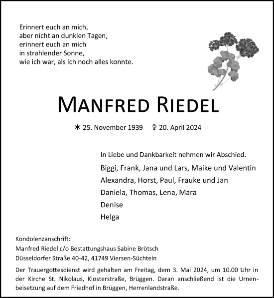 Traueranzeige von Manfred Riedel von trauer.extra-tipp-moenchengladbach.de