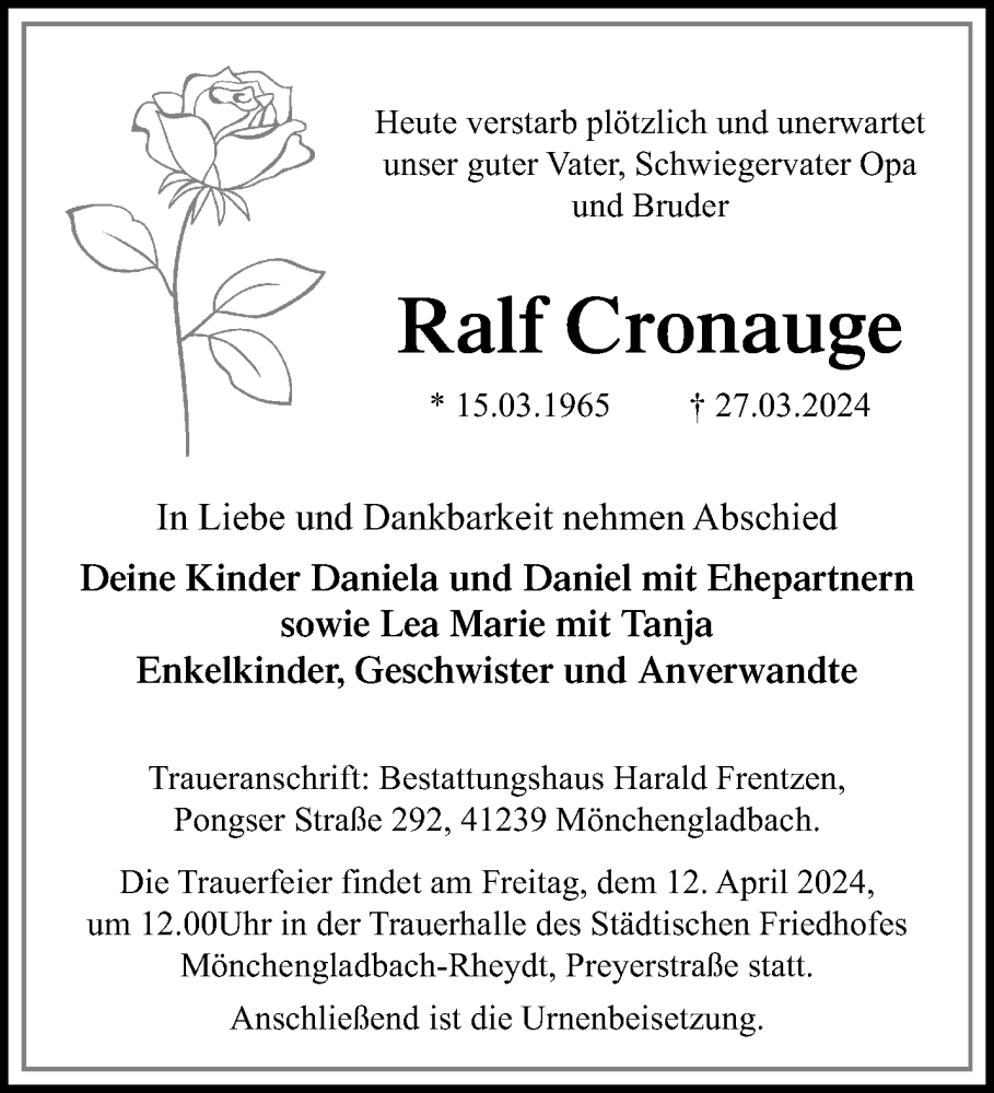  Traueranzeige für Ralf Cronauge vom 07.04.2024 aus trauer.extra-tipp-moenchengladbach.de