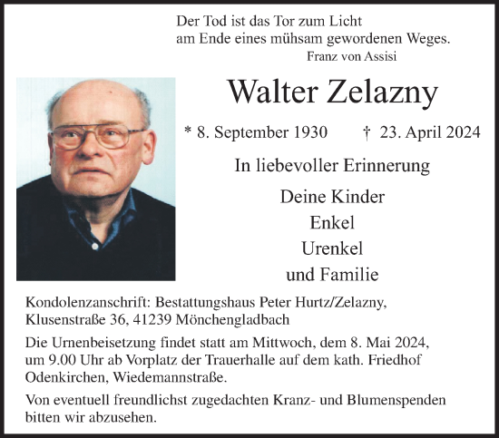 Traueranzeige von Walter Zelazny von trauer.extra-tipp-moenchengladbach.de