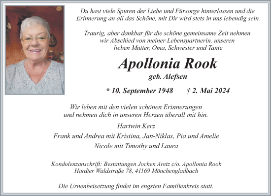 Traueranzeige von Apollonia Rook von trauer.extra-tipp-moenchengladbach.de