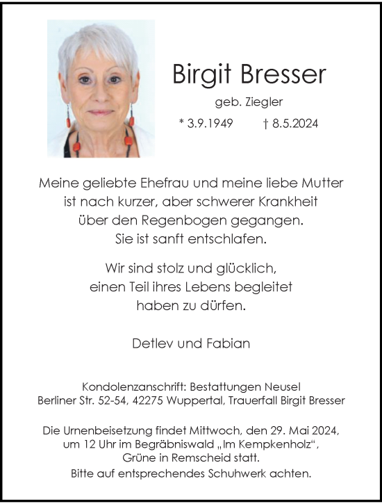 Traueranzeige von Birgit Bresser von trauer.wuppertaler-rundschau.de