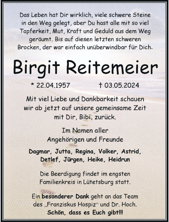 Traueranzeige von Birgit Reitemeier von trauer.wuppertaler-rundschau.de