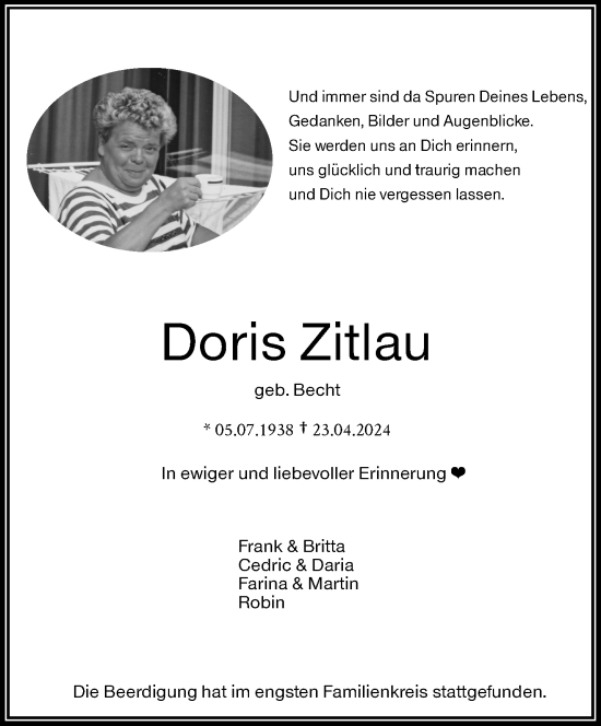 Traueranzeige von Doris Zitlau von trauer.wuppertaler-rundschau.de