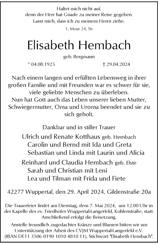 Traueranzeige von Elisabeth Hembach von trauer.wuppertaler-rundschau.de