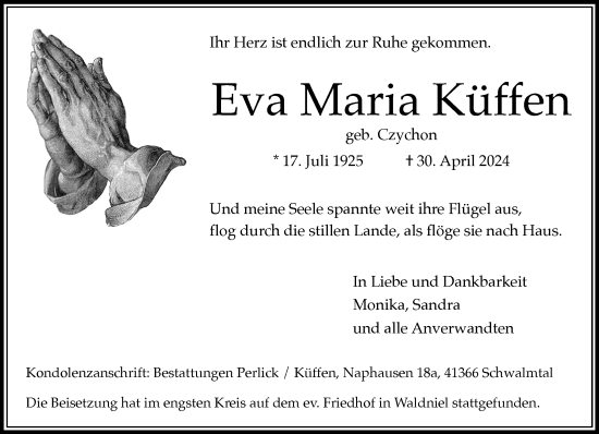 Traueranzeige von Eva Maria Küffen von trauer.extra-tipp-moenchengladbach.de
