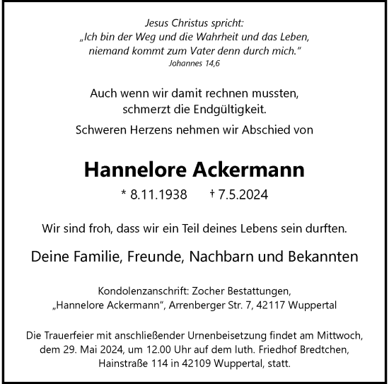 Traueranzeige von Hannelore Ackermann von trauer.wuppertaler-rundschau.de