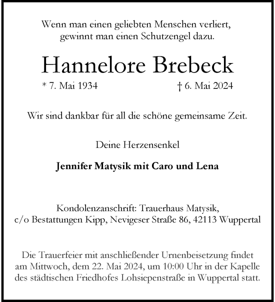 Traueranzeige von Hannelore Brebeck von trauer.wuppertaler-rundschau.de