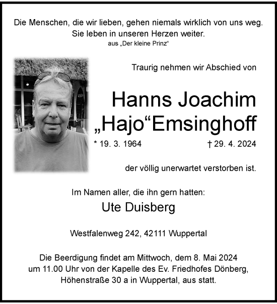 Traueranzeige von Hanns Joachim Emsinghoff von trauer.wuppertaler-rundschau.de