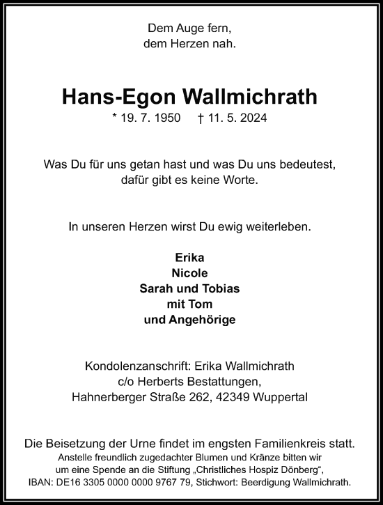 Traueranzeige von Hans-Egon Wallmichrath von trauer.wuppertaler-rundschau.de