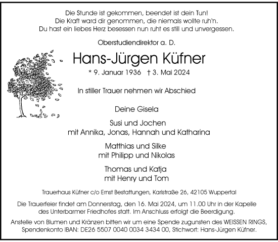 Traueranzeige von Hans-Jürgen Küfner von trauer.wuppertaler-rundschau.de