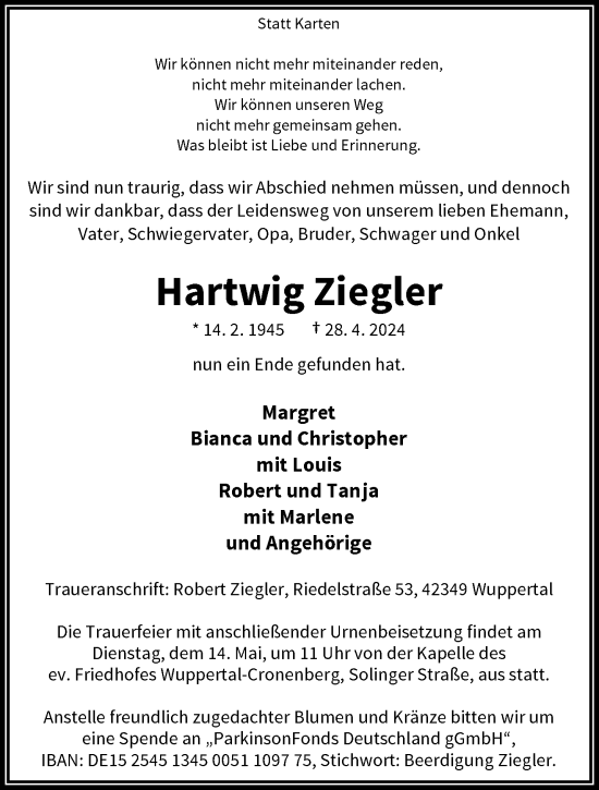 Traueranzeige von Hartwig Ziegler von trauer.wuppertaler-rundschau.de