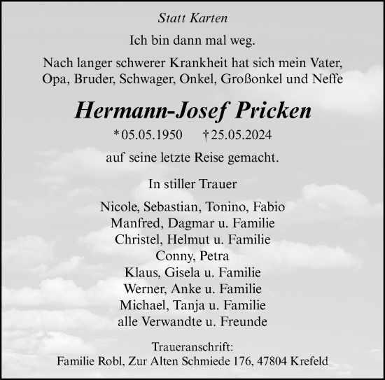 Traueranzeige von Hermann-Josef Pricken von trauer.extra-tipp-moenchengladbach.de