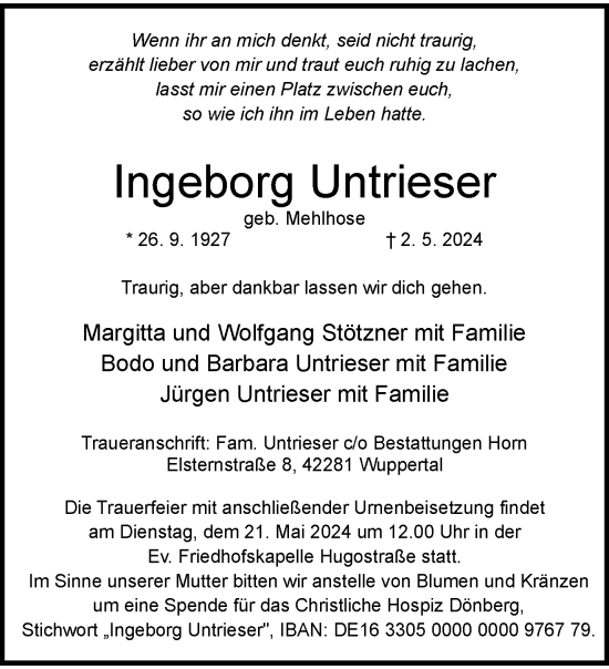 Traueranzeige von Ingeborg Untrieser von trauer.wuppertaler-rundschau.de