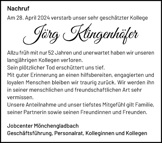 Traueranzeige von Jörg Klingenhöfer von trauer.extra-tipp-moenchengladbach.de