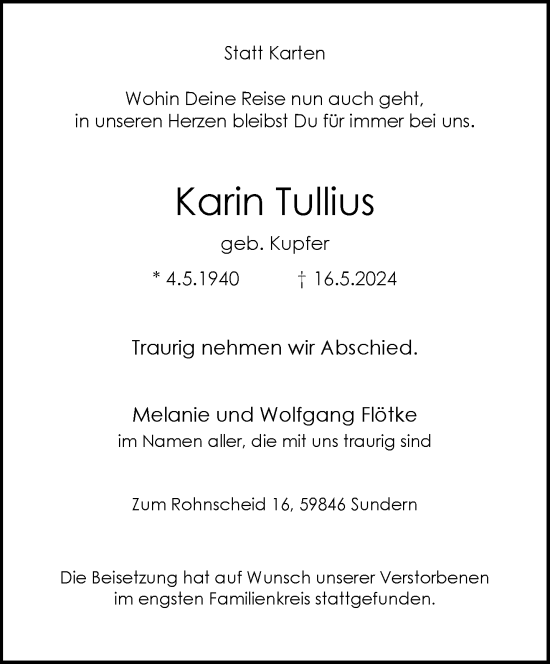 Traueranzeige von Karin Tullius von trauer.wuppertaler-rundschau.de