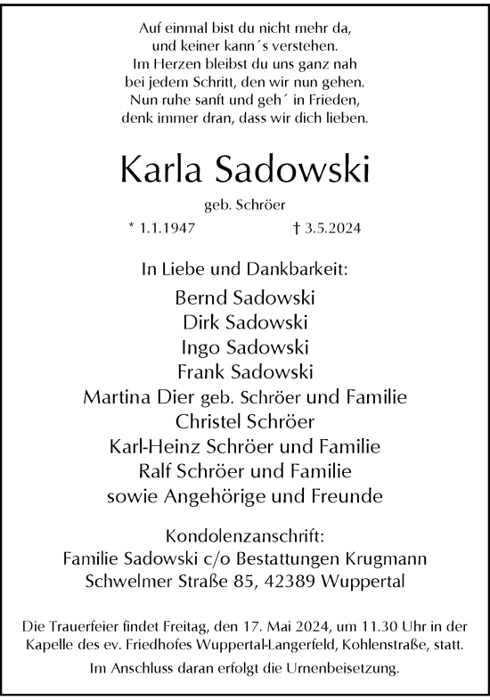 Traueranzeige von Karla Sadowski von trauer.wuppertaler-rundschau.de