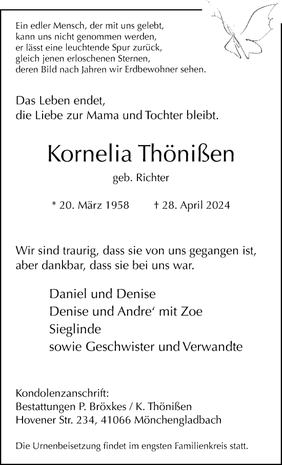 Traueranzeige von Kornelia Thönißen von trauer.extra-tipp-moenchengladbach.de