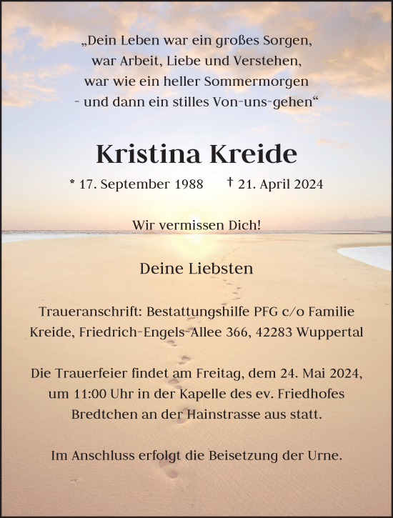 Traueranzeige von Kristina Kreide von trauer.wuppertaler-rundschau.de