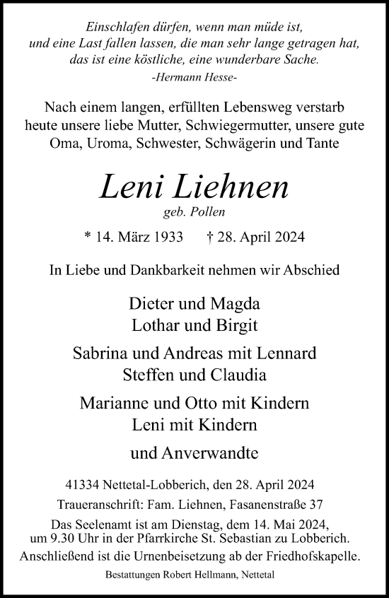 Traueranzeige von Leni Liehnen von trauer.extra-tipp-moenchengladbach.de