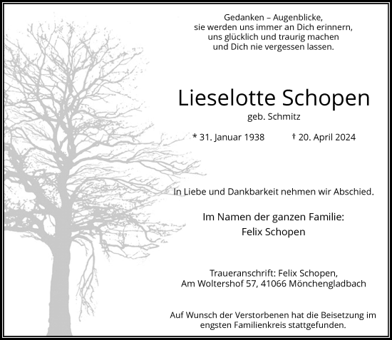 Traueranzeige von Lieselotte Schopen von trauer.extra-tipp-moenchengladbach.de