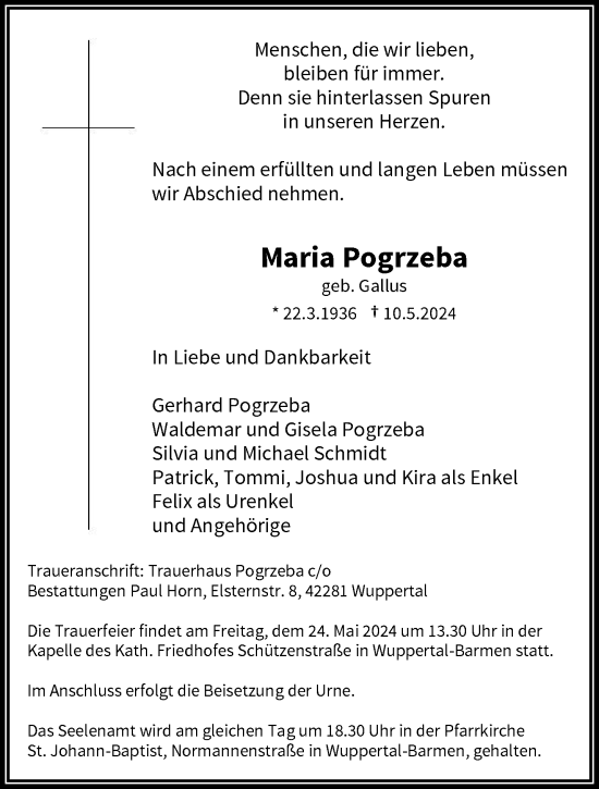 Traueranzeige von Maria Pogrzeba von trauer.wuppertaler-rundschau.de