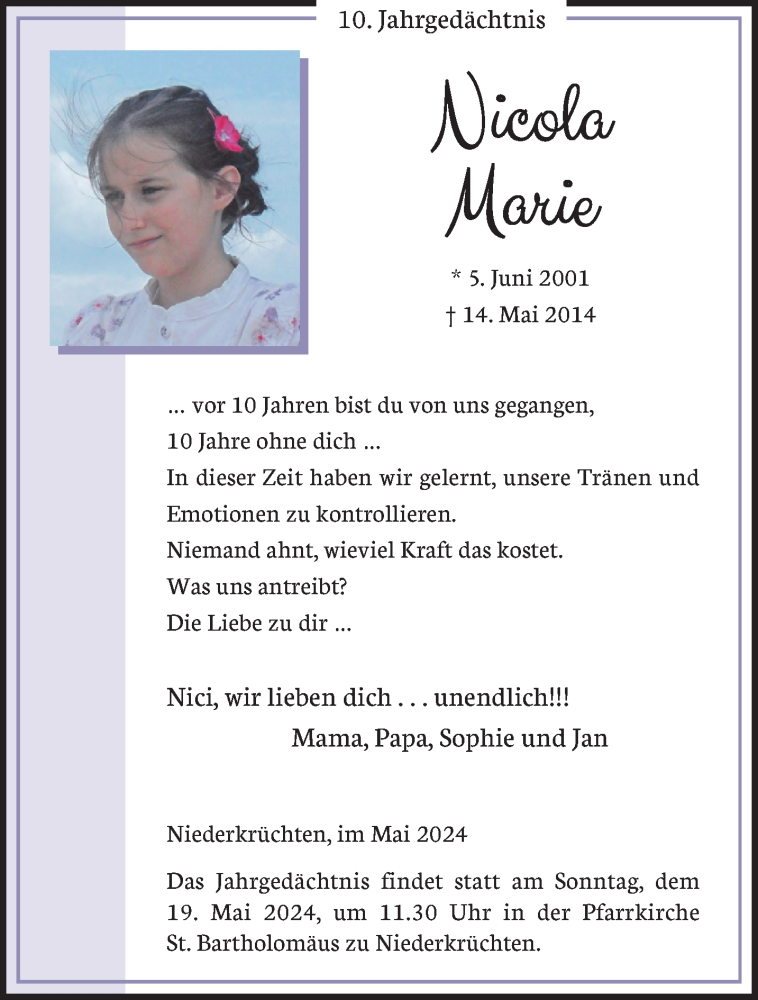  Traueranzeige für Nicola Marie  vom 12.05.2024 aus trauer.extra-tipp-moenchengladbach.de
