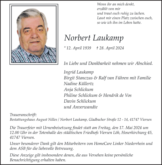 Traueranzeige von Norbert Laukamp von trauer.extra-tipp-moenchengladbach.de