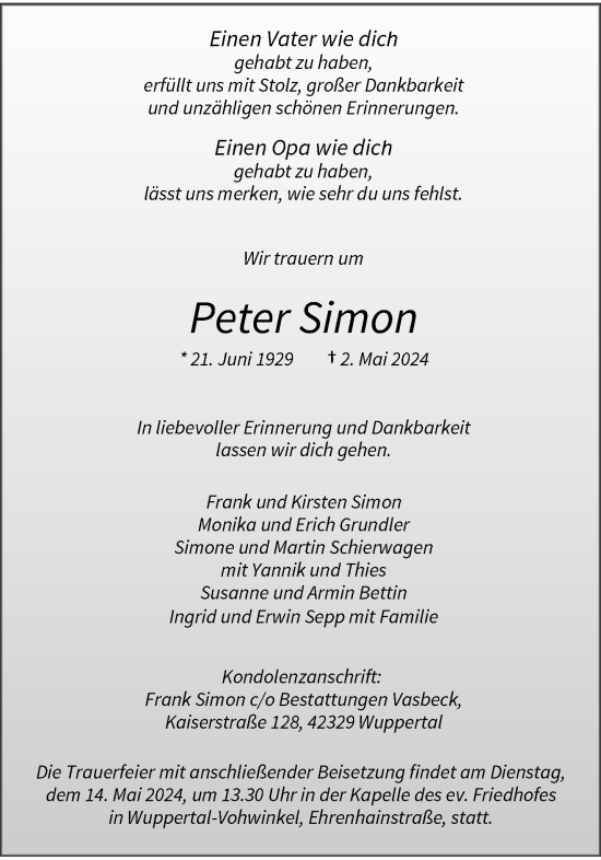 Traueranzeige von Peter Simon von trauer.wuppertaler-rundschau.de